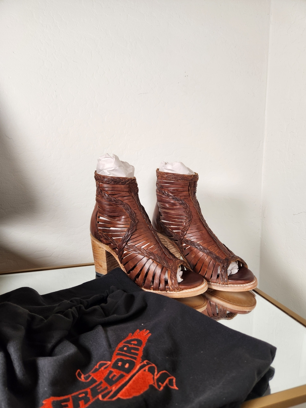Freebird by Steve Madden Brown Leather Huarache Block Heel Sandals